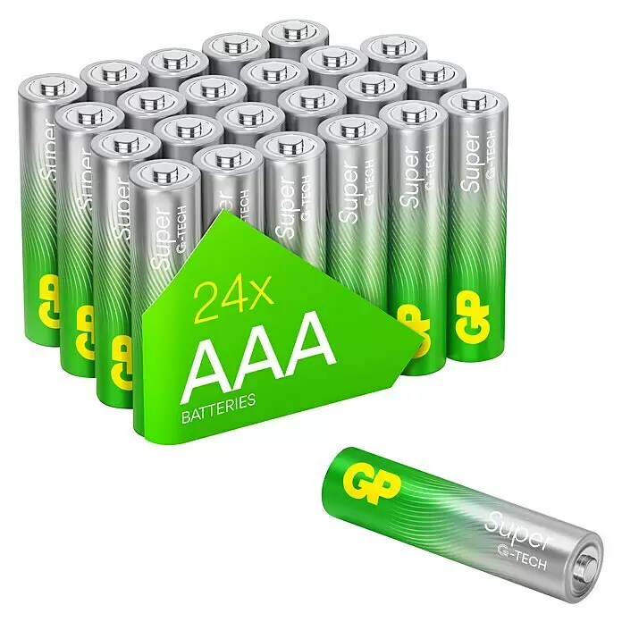 GP Super Alkaline-Batterie - Micro AAA, Alkali-Mangan, 1,5 V, Anzahl: 24 Stk. - 24 GP Super G-TECH AAA-Batterien im Pack und eine lose Batterie, grün und silbern.