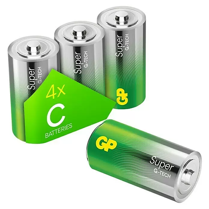 GP Super Alkaline-Batterie - Baby C, Alkali-Mangan, 1,5 V, Anzahl: 4 Stk. - Vier silberne und grüne Super G-Tech C-Batterien, inklusive eines "4x C Batterien"-Etiketts.