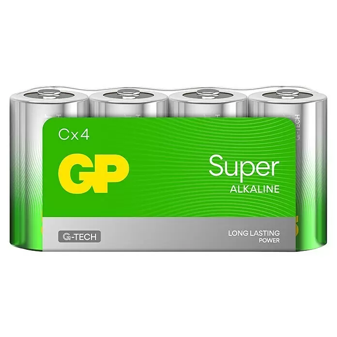 GP Super Alkaline-Batterie - Baby C, Alkali-Mangan, 1,5 V, Anzahl: 4 Stk. - Vier silberne GP Super Alkaline Batterien (Cx4 Pack) mit grün-grauem Etikett, das G-TECH und langanhaltende Leistung hervorhebt.