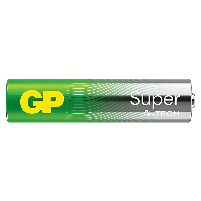 GP Super Alkaline-Batterie - Micro AAA, Alkali-Mangan, 1,5 V, Anzahl: 24 Stk. - Grüne und silberne zylindrische GP Super G-TECH Batterie mit gelbem 'GP' Logo.