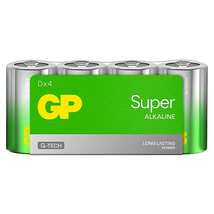 GP Super Alkaline-Batterie - Mono D, Alkali-Mangan, 1,5 V, Anzahl: 4 Stk. - Vier silberne GP Super Alkaline Dx4 Batterien mit grünem und grauem Etikett. G-TECH, langanhaltende Leistung.