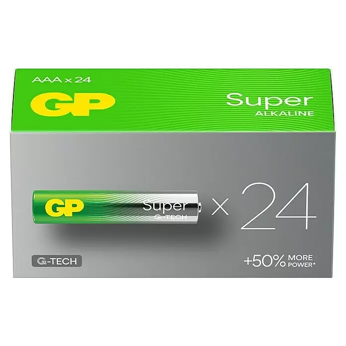 GP Super Alkaline-Batterie - Micro AAA, Alkali-Mangan, 1,5 V, Anzahl: 24 Stk. - Packung mit 24 GP Super Alkaline AAA Batterien. Mit G-TECH und +50% mehr Leistung.