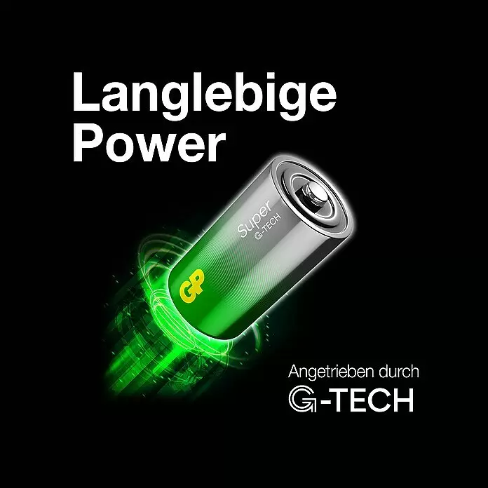 GP Super Alkaline-Batterie - Baby C, Alkali-Mangan, 1,5 V, Anzahl: 4 Stk. - GP Super G-TECH Batterie in Grün und Silber mit leuchtender grüner Energie. Texte: 'Langlebige Power', 'Angetrieben durch G-TECH'.