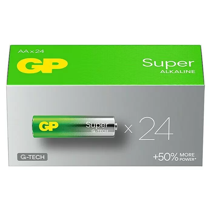 GP Super Alkaline-Batterie - Mignon AA, Alkali-Mangan, 1,5 V, Anzahl: 24 Stk. - GP Super Alkaline AA x 24 Batteriepack. Eine G-TECH Batterie abgebildet, bietet +50% mehr Leistung.