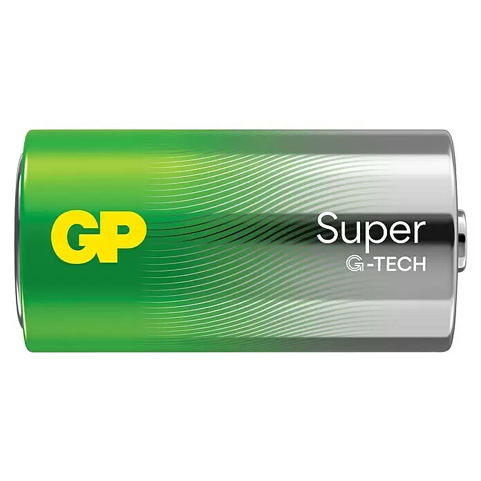 GP Super Alkaline-Batterie - Baby C, Alkali-Mangan, 1,5 V, Anzahl: 4 Stk. - Grüne und silberne GP Super G-TECH zylindrische Batterie.