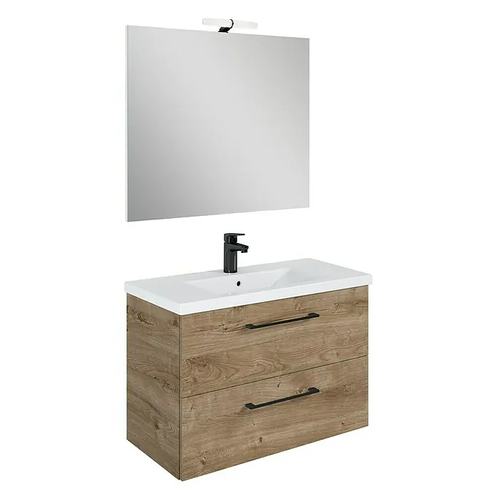 Riva Compact Badmöbel-Set - Gesamtbreite Badmöbel: 81,7 cm, Canela Eiche - Moderne Badezimmereinheit mit Holzstruktur, weißen Waschtisch und Spiegel mit integrierter Beleuchtung.