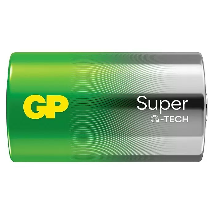 GP Super Alkaline-Batterie - Mono D, Alkali-Mangan, 1,5 V, Anzahl: 4 Stk. - Eine grüne und silberne zylindrische GP Super G-TECH Batterie.