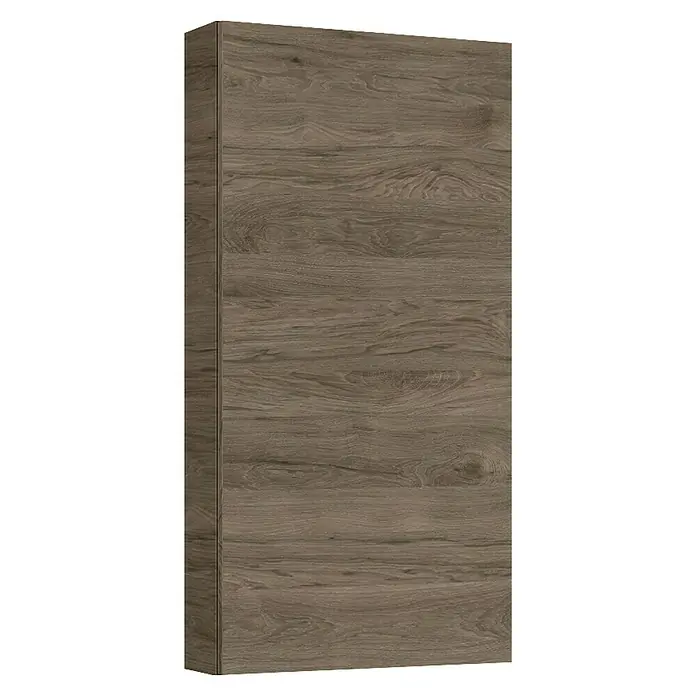 Riva Compact Hängeschrank - 40 x 12,6 x 80 cm, Dunkle Hickory Eiche - Nahaufnahme eines einzelnen, hohen Holzschranks mit einer natürlich gemaserten, braunen Holzoberfläche.