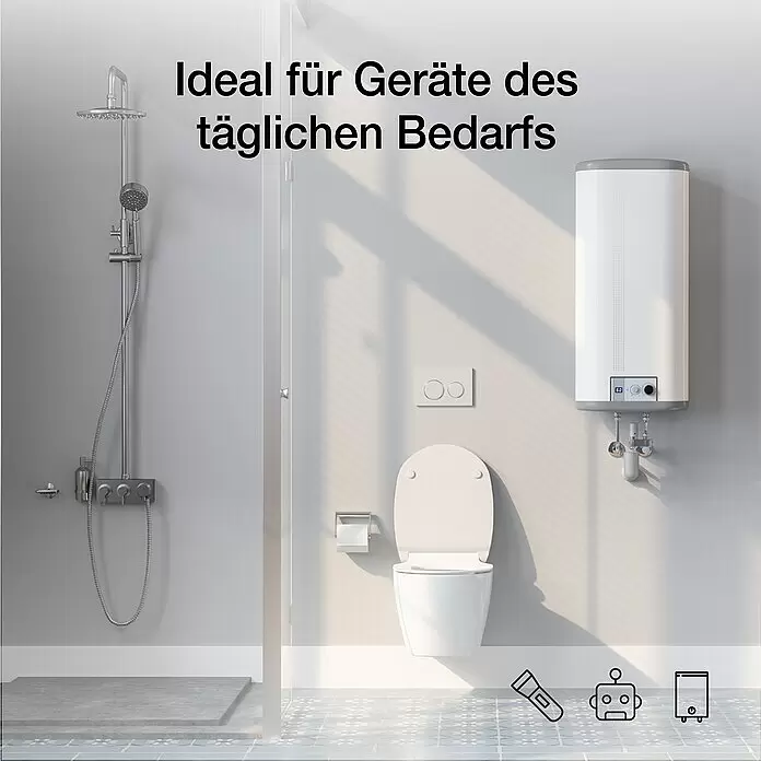 GP Super Alkaline-Batterie - Mono D, Alkali-Mangan, 1,5 V, Anzahl: 4 Stk. - Ein modernes Badezimmer mit Dusche, Toilette und Warmwasserbereiter, das Haushaltsgeräte des täglichen Bedarfs illustriert.