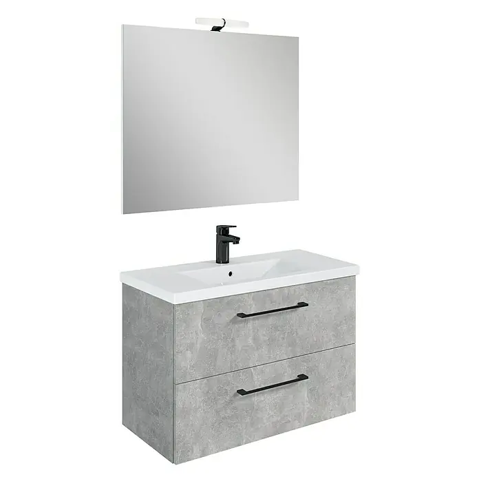 Riva Compact Badmöbel-Set - Gesamtbreite Badmöbel: 81,7 cm, Beton-Optik - Modernes Waschbecken-Set mit grauem Unterschrank, schwarzer Armatur und Spiegel mit Beleuchtung für ein stilvolles Badezimmer.