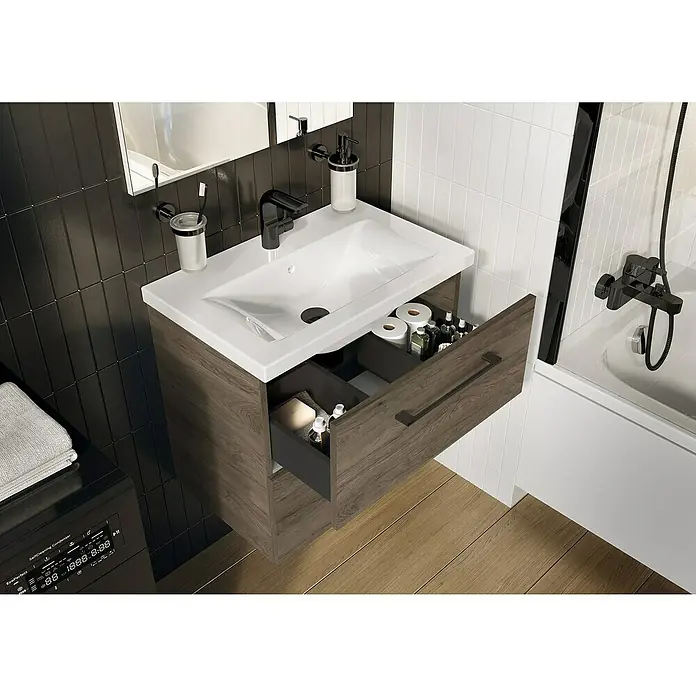 Riva Compact Badmöbel-Set - Gesamtbreite Badmöbel: 61,7 cm, Dunkle Hickory Eiche - Moderne Badezimmerkonsole mit Waschbecken, offenem Schubfach und stilvoller Aufbewahrungslösung.
