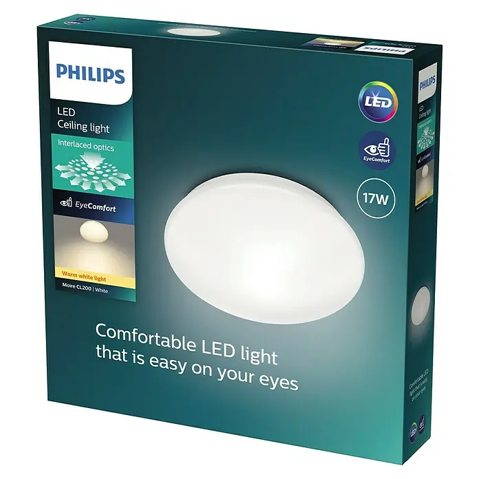 Philips LED-Sockelleuchte Moire - 17 W, Weiß - Die Verpackung einer Philips LED Deckenleuchte mit Interlaced Optics und EyeComfort-Technologie, die ein angenehmes, augenschonendes Licht verspricht.