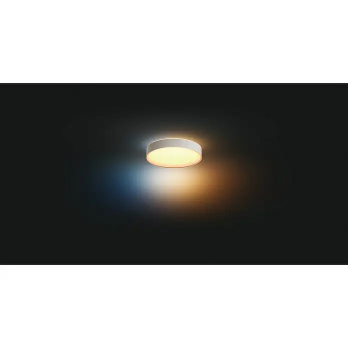 Philips Hue LED-Deckenleuchte rund Devere - 34 W, Ø x H: 47,6 x 10 cm, Weiß, Neutralweiß - Elegante runde Deckenleuchte in Weiß mit warmem Licht, die jeden Raum stilvoll erhellt. Ideal für moderne Wohnräume und Büros.