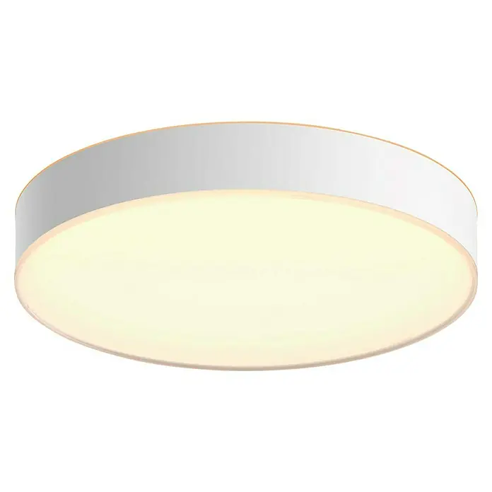 Philips Hue LED-Deckenleuchte rund Devere - 34 W, Ø x H: 47,6 x 10 cm, Weiß, Neutralweiß - Nahaufnahme einer runden LED-Deckenleuchte mit weißem Rahmen und sanftem, warmem Licht, ideal für moderne Innenräume.