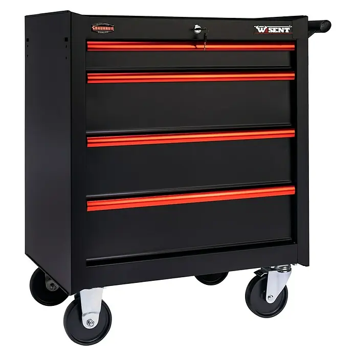 Wisent Werkstattwagen Red Edition - 45,9 x 67,8 x 84 cm, Metall, Ohne Werkzeug - Schwarzer Werkzeugwagen mit vier Schubladen und roten Akzenten für eine organisierte Werkstatt. Ideal für Profis und Heimwerker.