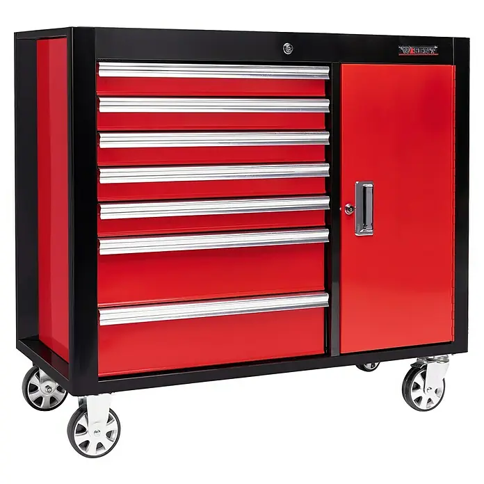 Wisent Werkstattwagen Iron Edition 8T - Rot/Schwarz, Stahl, Ohne Werkzeug - Schwarzer und roter Werkzeugwagen mit mehreren Schubladen und einer Seitentür zur Aufbewahrung von Werkzeugen und Ausrüstung.