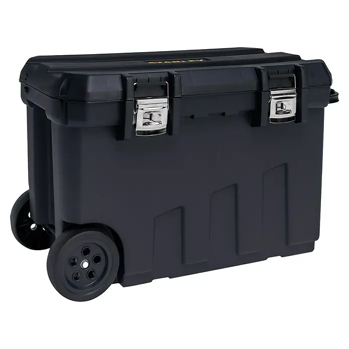 Stanley Aufbewahrungs- & Transportbox - Kunststoff, Ohne Werkzeug, Fassungsvermögen: 90 l - Schwarzer Stanley Werkzeugkoffer auf Rädern, ideal für den Transport von Werkzeugen und Zubehör auf der Baustelle.