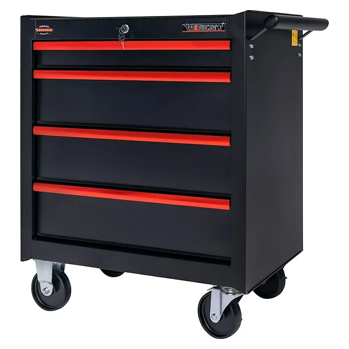 Wisent Werkstattwagen Red Edition - 45,9 x 67,8 x 84 cm, Metall, Ohne Werkzeug - Schwarzer Werkzeugwagen mit vier Schubladen und roten Griffen, ideal für die Werkstatt.