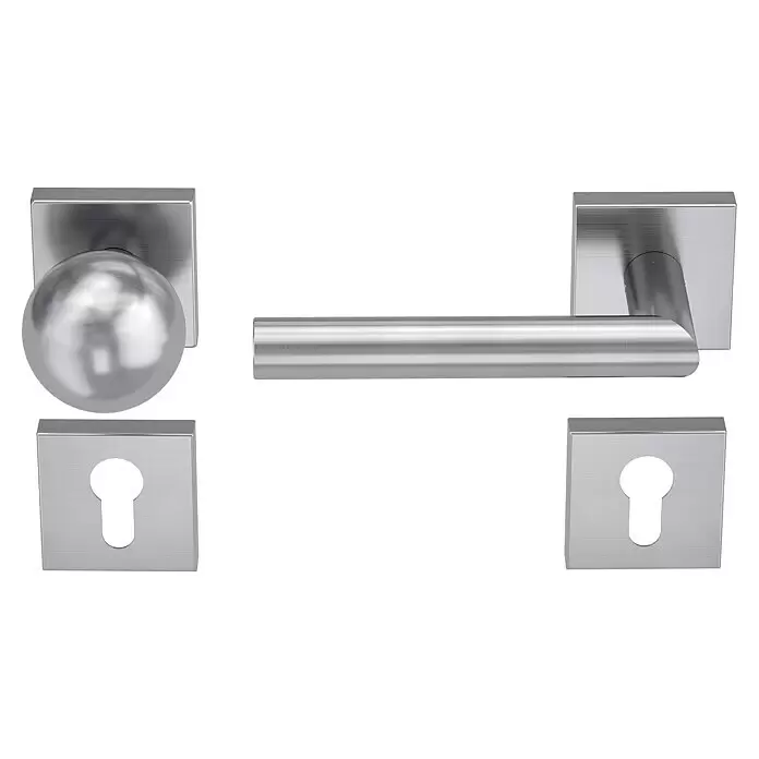 Diamond Doors Modern Wechselgarnitur Quattro L-Form - Stärke Tür: 38 mm - 45 mm, Edelstahl matt, DIN Anschlag: Links - Gebürstetes silbernes Türbeschlagset: kugelförmiger Knauf, Hebelgriff und zwei Schlüsselloch-Rosetten.