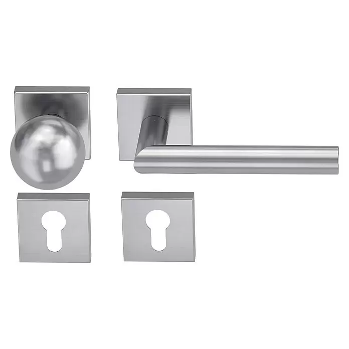 Diamond Doors Modern Wechselgarnitur Quattro L-Form - Stärke Tür: 38 mm - 45 mm, Edelstahl matt, DIN Anschlag: Rechts - Set gebürsteter Chrom-Türbeschläge: ein Kugelknauf, ein Hebelgriff und zwei Schlüsselschilder.