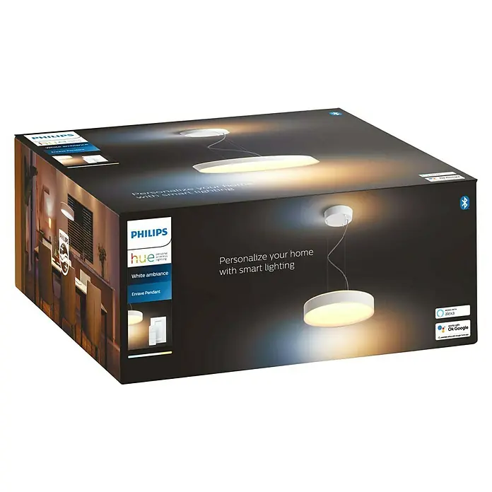 Philips Hue LED-Pendelleuchte rund Enrave - 33,5 W, 47 x 47 x 20,9 cm, Weiß, Warmweiß - Verpackung der Philips Hue Enrave Pendelleuchte für eine personalisierte, intelligente Beleuchtung in Weiß.