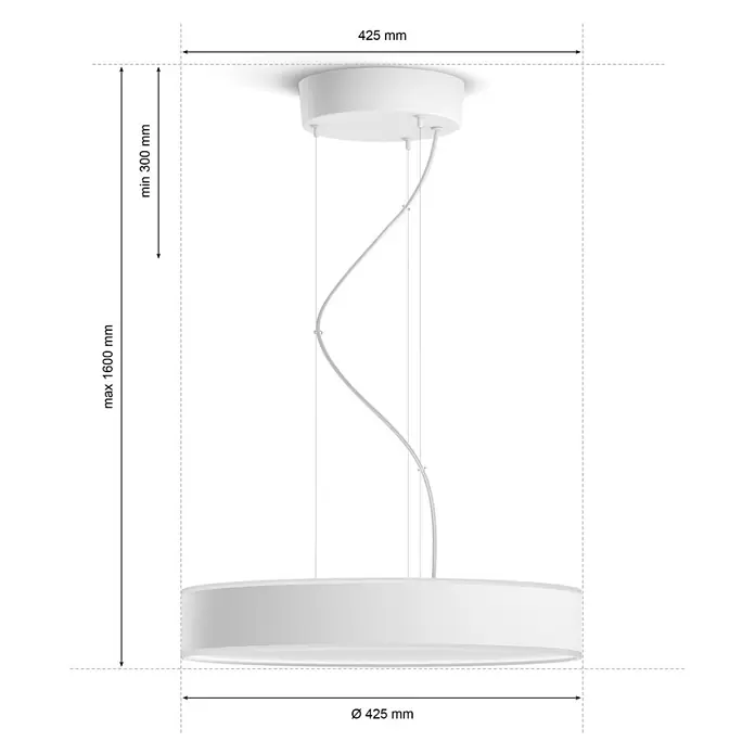Philips Hue LED-Pendelleuchte rund Enrave - 33,5 W, 47 x 47 x 20,9 cm, Weiß, Warmweiß - Eine moderne, runde LED-Hängeleuchte in Weiß mit verstellbarer Höhe für ein elegantes Ambiente im Raum.
