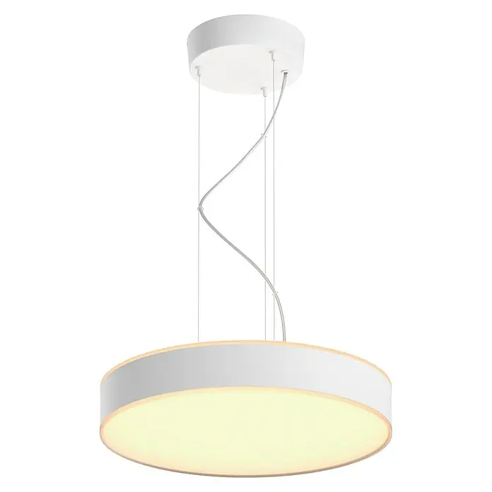 Philips Hue LED-Pendelleuchte rund Enrave - 33,5 W, 47 x 47 x 20,9 cm, Weiß, Warmweiß - Nahaufnahme einer modernen, runden LED-Pendelleuchte mit warmem Licht und weißem Gehäuse.