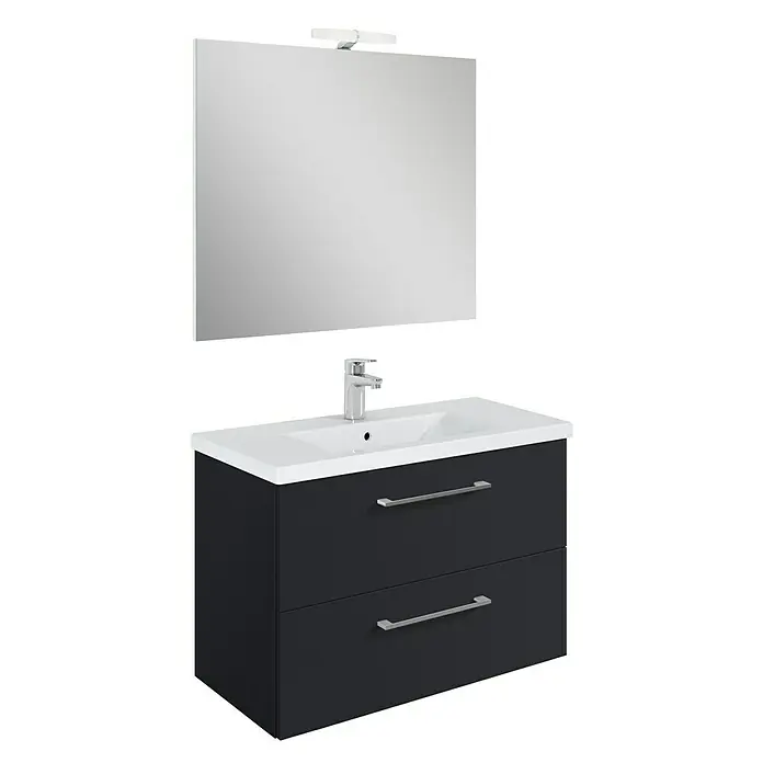 Riva Compact Badmöbel-Set - Gesamtbreite Badmöbel: 81,7 cm, Schwarz - Elegantes Badezimmer-Waschbecken mit Unterschrank in Anthrazit und Spiegel mit integrierter Beleuchtung für ein modernes Ambiente.