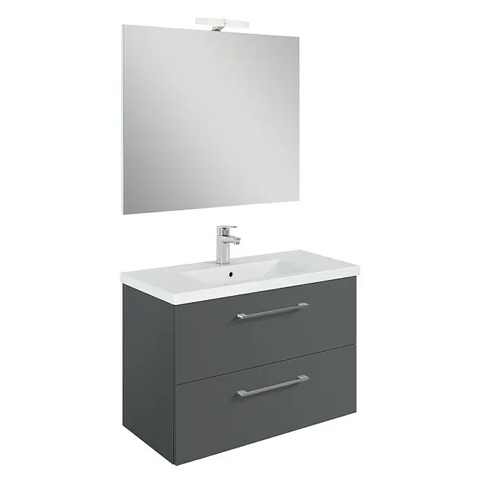 Riva Compact Badmöbel-Set - Gesamtbreite Badmöbel: 81,7 cm, Anthrazit - Ein modernes graues Badezimmer-Waschbecken mit zwei Schubladen, einem weißen Waschbecken und einem großen Spiegel mit Beleuchtung für das Badezimmer.