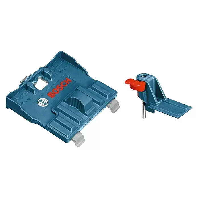 Bosch Professional Adapter Lochrastersystemadapter FSN RA 32 - Passend für: Bosch Professional FSN OFA Fräsdapter - Blaue Bosch Bohrschablone mit 35mm und 19mm Führungen, zusammen mit einem separaten blauen/roten Tiefenanschlag/Klemme.