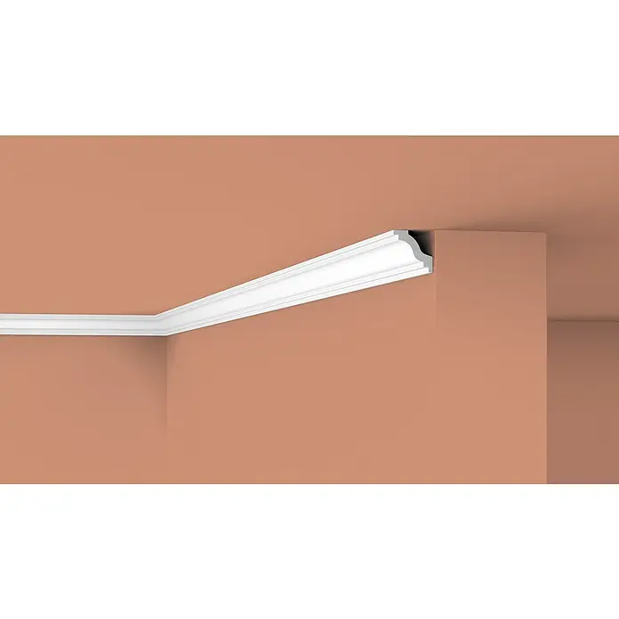 Nmc Decoflair Zierprofil Deckenleiste C2 - 2 m x 40 mm x 40 mm, Hochverdichtetes extrudiertes Polymer (HDPS) - Nahaufnahme einer Zimmerdecke mit Stuckprofil, die die architektonischen Details und das Design des Zimmers hervorhebt.