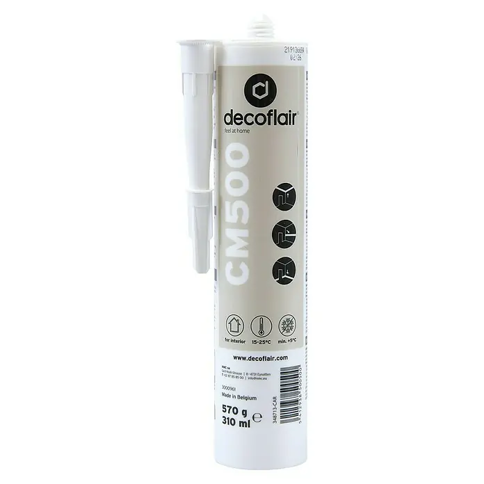 Nmc Decoflair Montagekleber CM500 - 570 g - Abbildung einer Kartusche Decoflair CM500, ein Produkt für den Innenbereich, mit Hinweisen zur Anwendung und Temperaturbereichen.