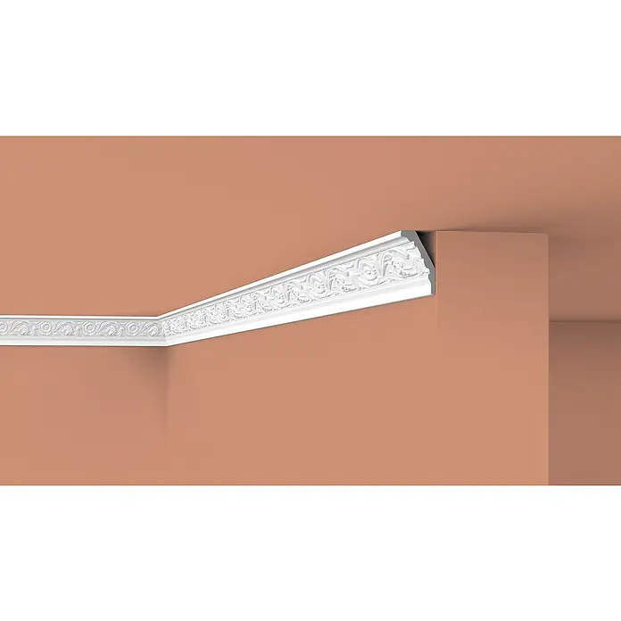 Nmc Decoflair Zierprofil Deckenleiste E25 - 2 m x 50 mm x 80 mm, Expandiertes Polystyrol (EPS) - Detailaufnahme einer weißen, dekorativen Zierleiste an der Decke, die das architektonische Highlight des Raumes bildet.
