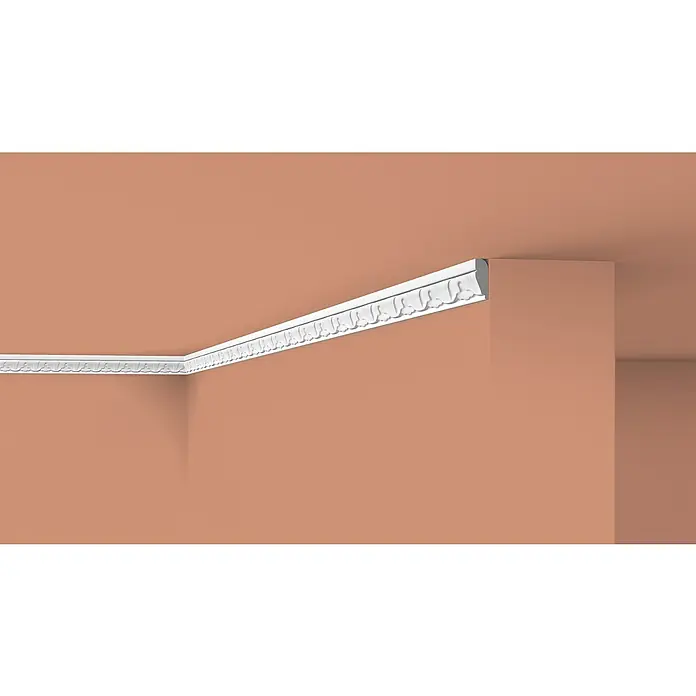 Nmc Decoflair Zierprofil Deckenleiste E12 - 2 m x 10 mm x 30 mm, Expandiertes Polystyrol (EPS) - Nahaufnahme einer weißen Zierleiste an einer terracottafarbenen Decke und Wand, die architektonische Details hervorhebt.