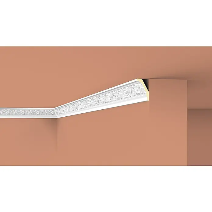 Nmc Decoflair Zierprofil Deckenleiste F5 - 2 m x 50 mm x 80 mm, Hochverdichteter Polyurethanschaum (PU) - Das Bild zeigt eine weiße Zierleiste mit floralem Muster, die elegant an der Decke eines Raumes angebracht ist. Stilvolle Raumgestaltung.