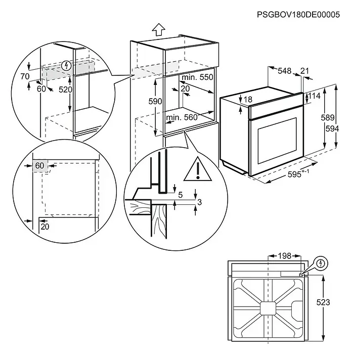 AEG Horno empotrado BEE435111M - Número de tipos de calentamiento: 9 ud., Volumen horno: 72 l - Horno empotrable con dimensiones para la instalación y las holguras necesarias para una instalación segura.