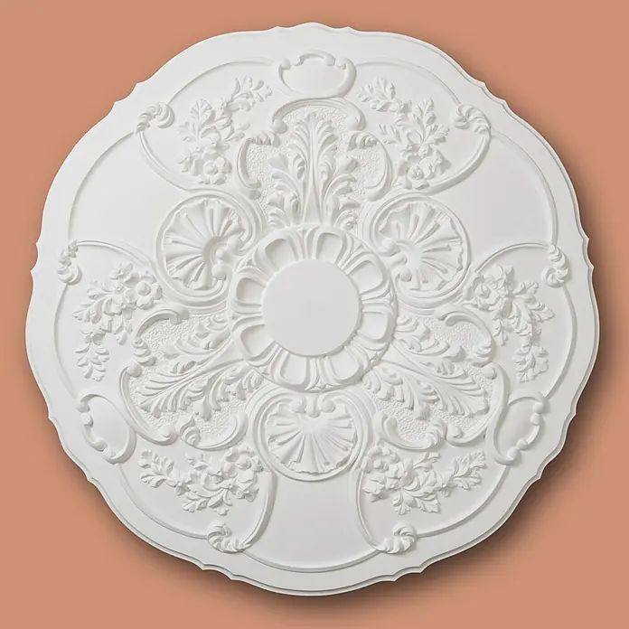 Nmc Decoflair Rosette M83 - Durchmesser: 66 mm, Hochverdichteter Polyurethanschaum (PU), Weiß, 1 Stk. - Detailansicht einer weißen Deckenrosette mit floralem Muster, die eine elegante und dekorative Note verleiht.