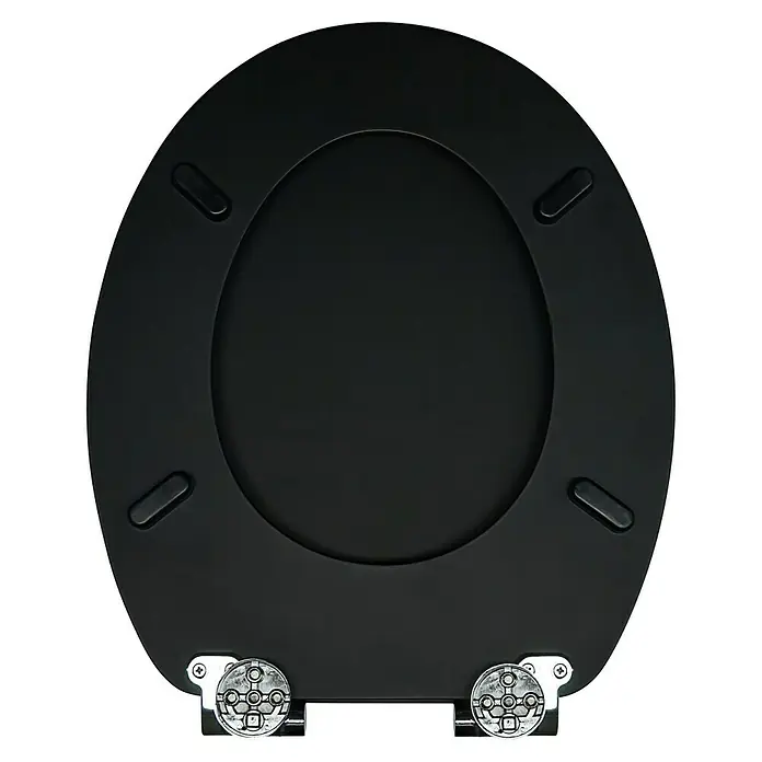 Camargue WC-Sitz Malik - Holz, Schwarz, Mit Absenkautomatik - Schwarzer Toilettensitz aus robustem Material mit glänzenden Chrombeschlägen für eine stilvolle und hygienische Badezimmerausstattung.