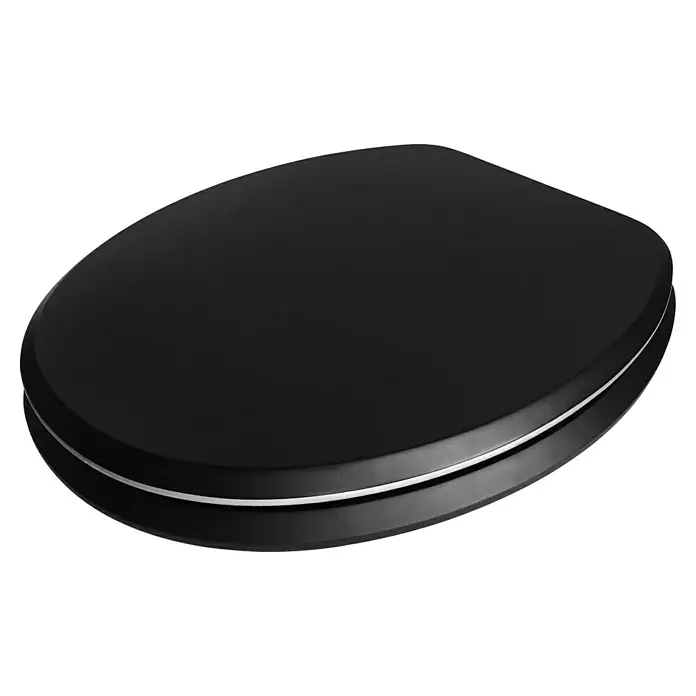 Camargue WC-Sitz Malik - Holz, Schwarz, Mit Absenkautomatik - Schwarzer Toilettensitz mit einem schlanken, modernen Design und einer silbernen Akzentlinie, die für einen Hauch von Eleganz sorgt.