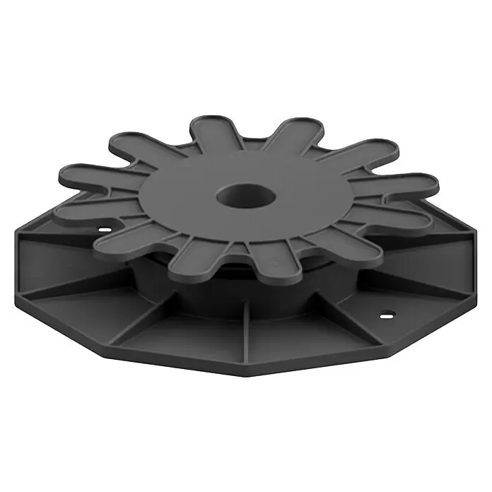 HS Terra Terrassenlager Xpert - 1 Stk., Höhenverstellung: 2,8 cm - 3,7 cm - Dunkelgraues Kunststoff-Terrassenlager mit sternförmiger Drehauflage und sechseckigem Sockel.