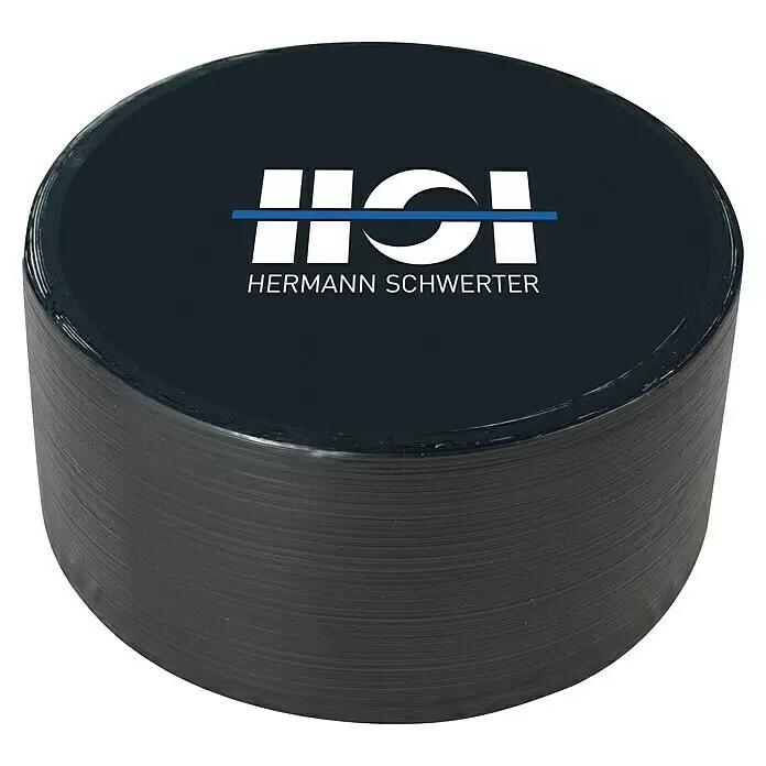 HS Terra Abdeckband Wood protect - 20 m x 75 mm - Stapel schwarzer Scheiben mit weißem „HCI HERMANN SCHWERTER“-Logo und blauer Linie auf der Oberseite.