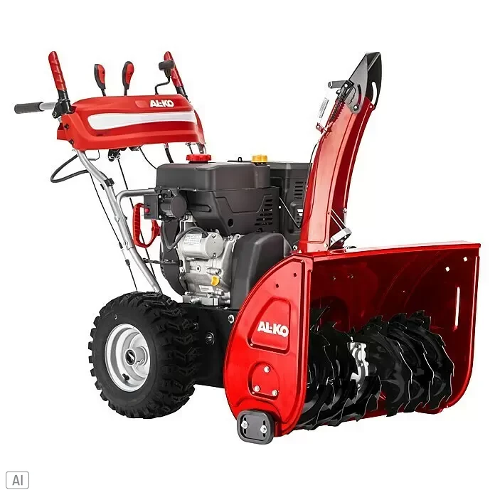 AL-KO SnowLine Benzin-Schneefräse 700.4 E LED - 7,8 kW, 375 cm³, Arbeitsbreite: 70 cm - Rote und schwarze Schneefräse mit leistungsstarkem Motor und großen Rädern, bereit zur Schneeräumung.