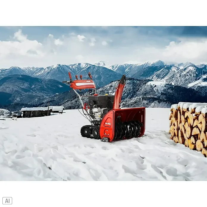 AL-KO SnowLine Benzin-Schneefräse 760.4 TE LED - 9 kW, 420 cm³, Arbeitsbreite: 76 cm - AL-KO Schneefräse in verschneiter Winterlandschaft mit Bergen. Ideal für zuverlässige Schneeräumung mit hoher Leistung und einfacher Bedienung.