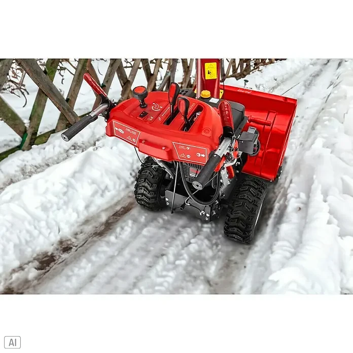 AL-KO SnowLine Benzin-Schneefräse 700.4 E LED - 7,8 kW, 375 cm³, Arbeitsbreite: 70 cm - Eine rote Schneefräse steht auf einer schneebedeckten Fläche und ist bereit, den Schnee zu räumen.