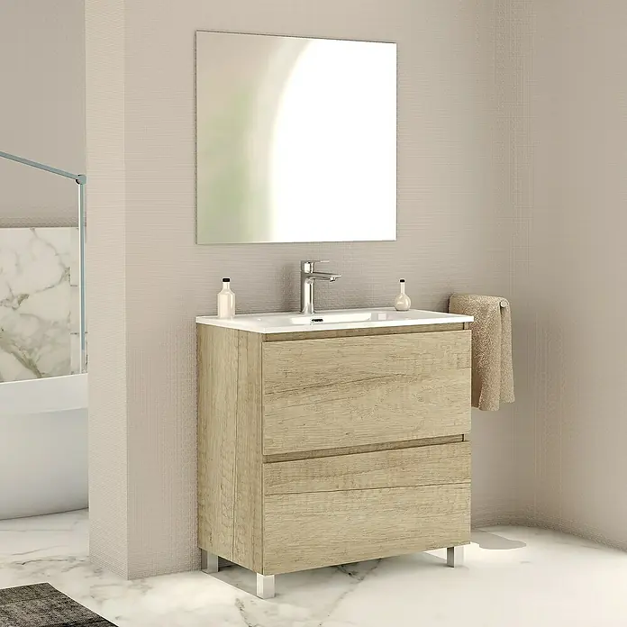 Artysan Conjunto de mueble de baño Late - Nature, 3 pzs. - Un moderno mueble de baño con dos cajones y un espejo liso encima, perfecto para un baño elegante.