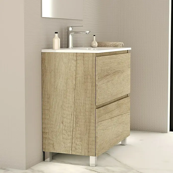 Artysan Conjunto de mueble de baño Late - Nature, 3 pzs. - Un tocador moderno con textura de vetas de madera y detalles blancos, ideal para cualquier diseño de baño.