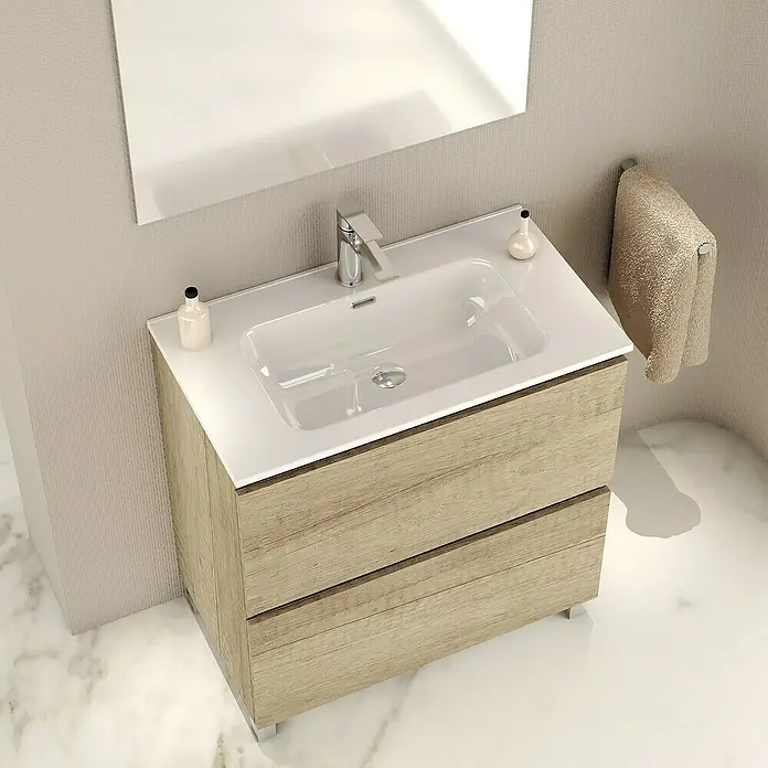 Artysan Conjunto de mueble de baño Late - Nature, 3 pzs. - Un moderno lavabo con mueble de madera y espejo a juego encima, complementado con elegantes accesorios.
