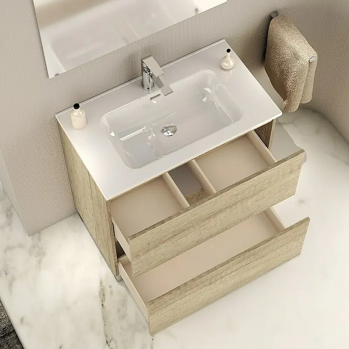 Artysan Conjunto de mueble de baño Late - Nature, 3 pzs. - Baño moderno con mueble de baño y lavabo sobre encimera blanco. El mueble de baño con aspecto de madera tiene dos cajones para guardar utensilios de baño.