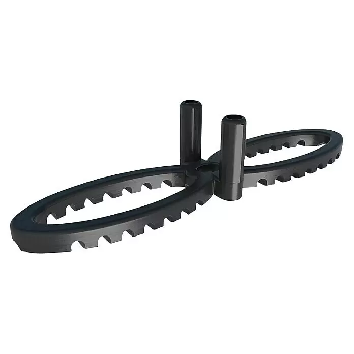 HS Terra Abstandhalter DiviDeck - 200 Stk. - Dunkelgraues Mixer-Messer mit zwei gezackten ovalen Elementen und zwei zentralen Stiften zum Zerkleinern und Mischen.