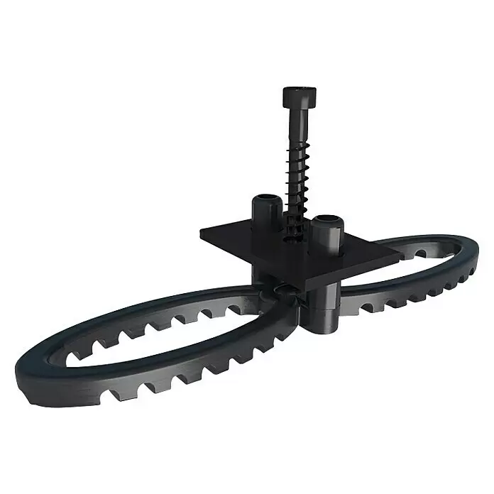 HS Terra Befestigungsclip - 10 Stk. - Dunkelgraue Montageklemme mit quadratischer Basis, Zentralschraube und zwei gebogenen, gezackten Riemen zur verstellbaren Befestigung.